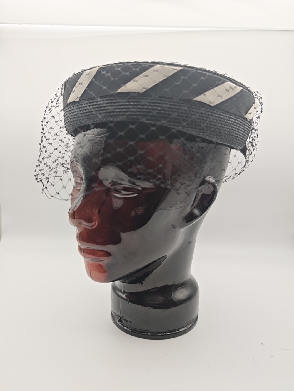 Classic Black Veiled Pillbox Hat with Cream Accents